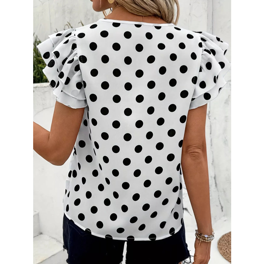 Polka Dot Print Ruffled Short Sleeve Blouse Apparel and Accessories
