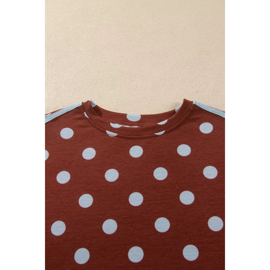 Polka Dot Print Side Stripe Detail Long Sleeve Top Casual Pant Set Apparel and Accessories