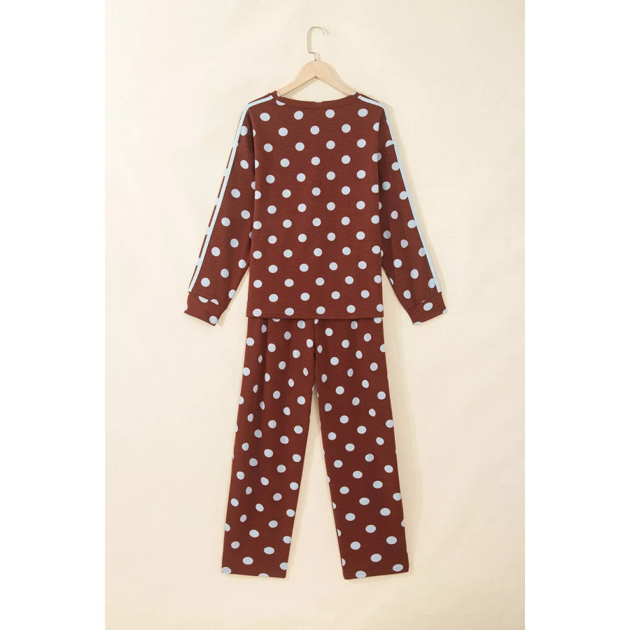 Polka Dot Print Side Stripe Detail Long Sleeve Top Casual Pant Set Apparel and Accessories