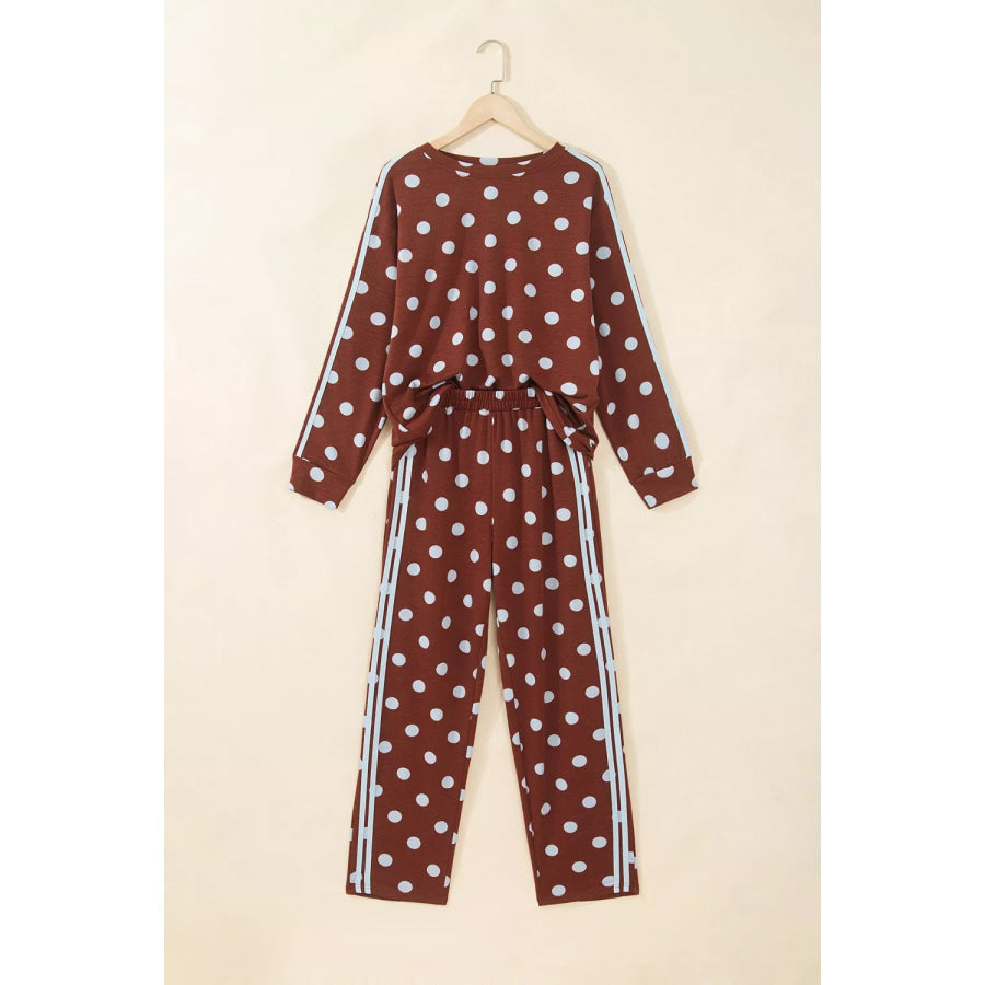 Polka Dot Print Side Stripe Detail Long Sleeve Top Casual Pant Set Apparel and Accessories