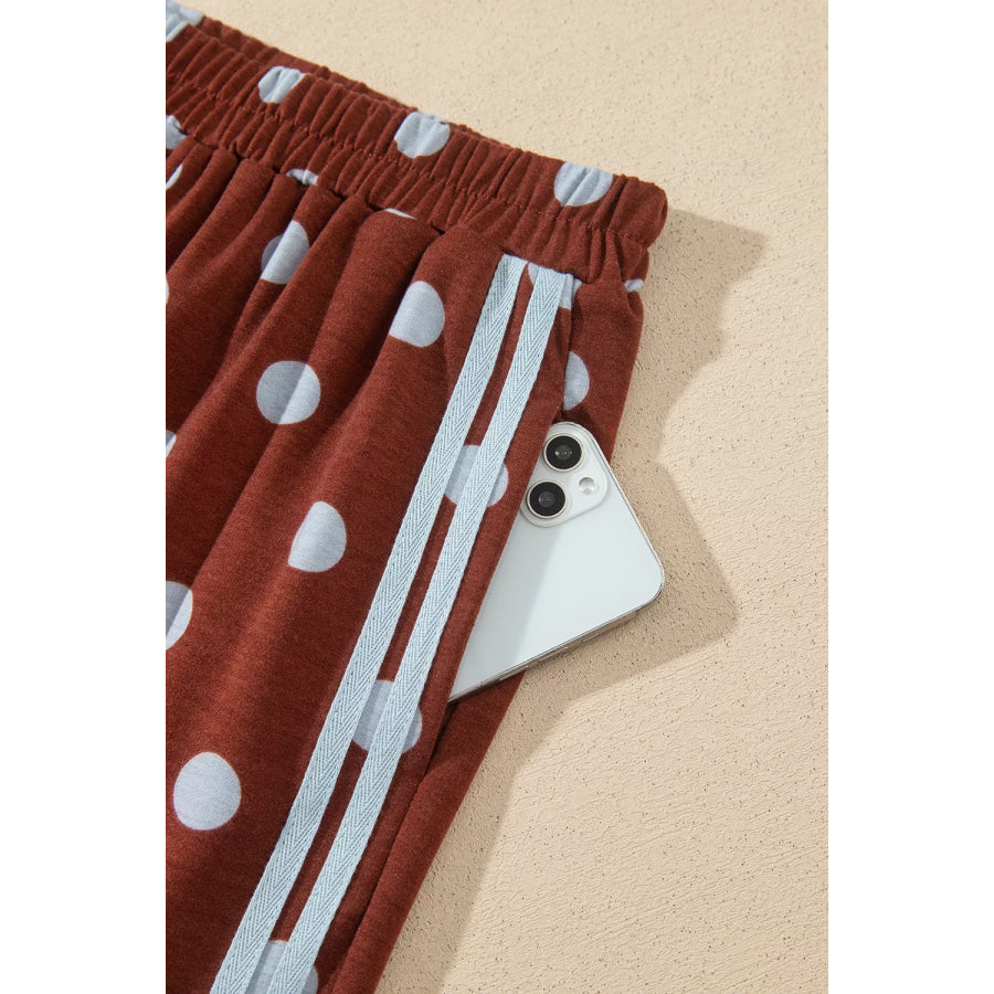 Polka Dot Print Side Stripe Detail Long Sleeve Top Casual Pant Set Apparel and Accessories