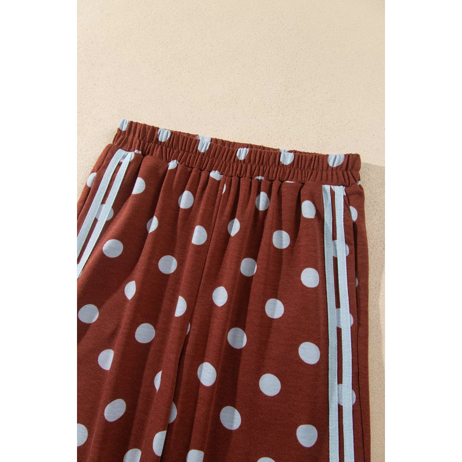 Polka Dot Print Side Stripe Detail Long Sleeve Top Casual Pant Set Apparel and Accessories