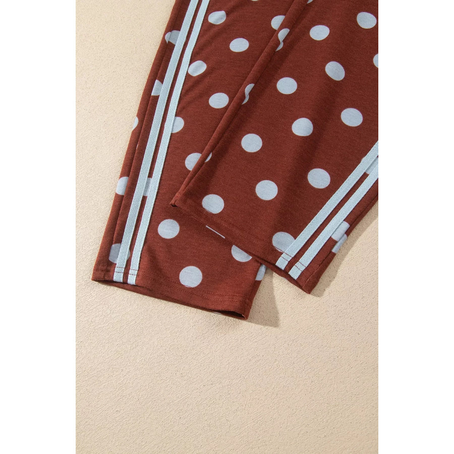 Polka Dot Print Side Stripe Detail Long Sleeve Top Casual Pant Set Apparel and Accessories