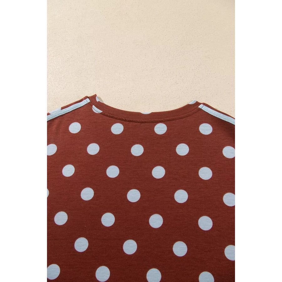 Polka Dot Print Side Stripe Detail Long Sleeve Top Casual Pant Set Apparel and Accessories