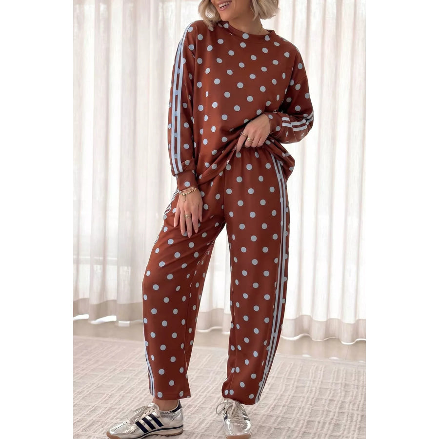 Polka Dot Print Side Stripe Detail Long Sleeve Top Casual Pant Set Brown / S Apparel and Accessories