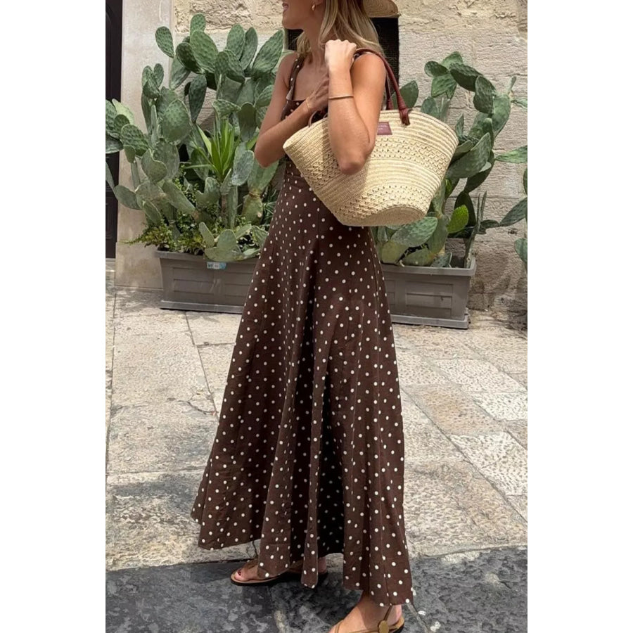 Polka Dot Print Square Neck Sleeveless Vacation Maxi Dress Apparel and Accessories
