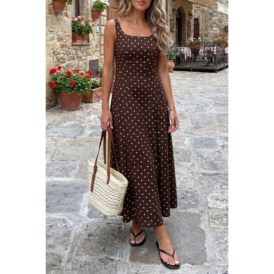 Polka Dot Print Square Neck Sleeveless Vacation Maxi Dress Apparel and Accessories
