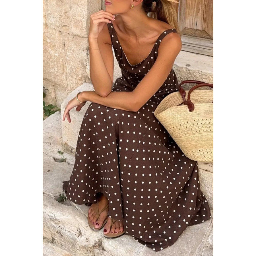 Polka Dot Print Square Neck Sleeveless Vacation Maxi Dress Apparel and Accessories
