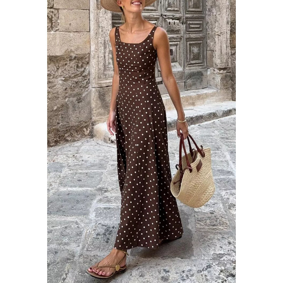 Polka Dot Print Square Neck Sleeveless Vacation Maxi Dress Apparel and Accessories