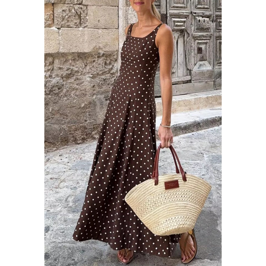 Polka Dot Print Square Neck Sleeveless Vacation Maxi Dress Apparel and Accessories