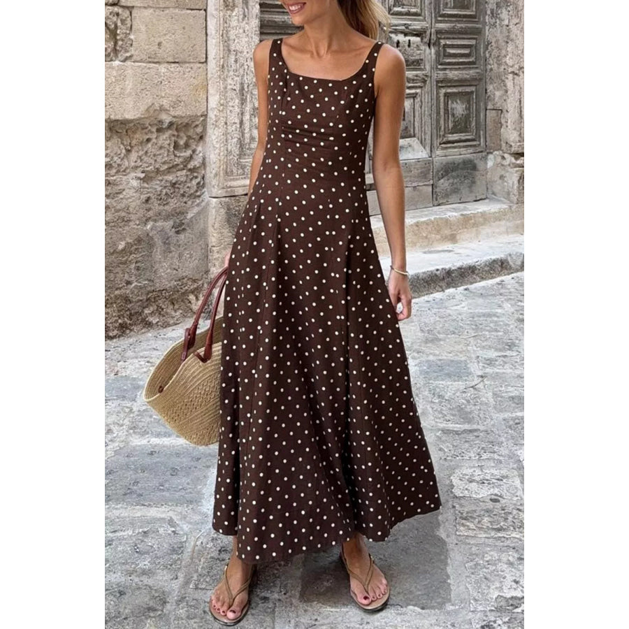 Polka Dot Print Square Neck Sleeveless Vacation Maxi Dress Apparel and Accessories