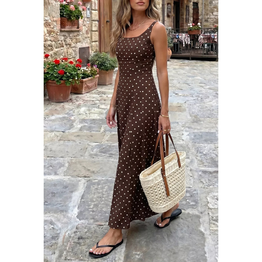 Polka Dot Print Square Neck Sleeveless Vacation Maxi Dress Apparel and Accessories
