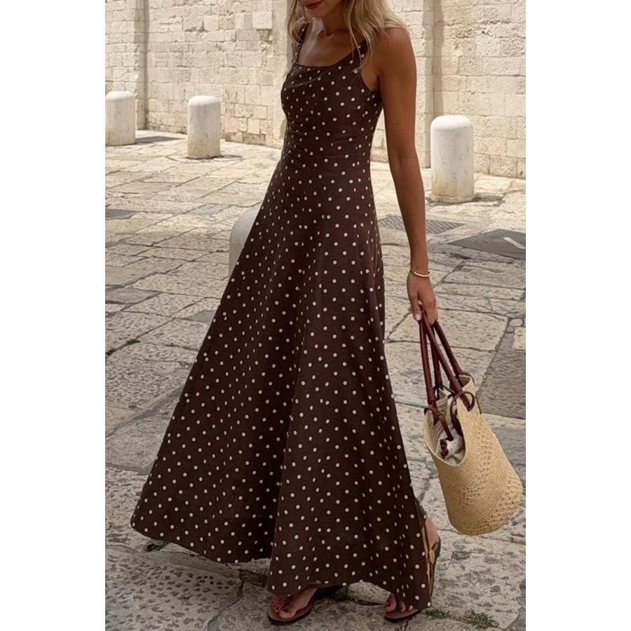 Polka Dot Print Square Neck Sleeveless Vacation Maxi Dress Coffee Brown / S Apparel and Accessories