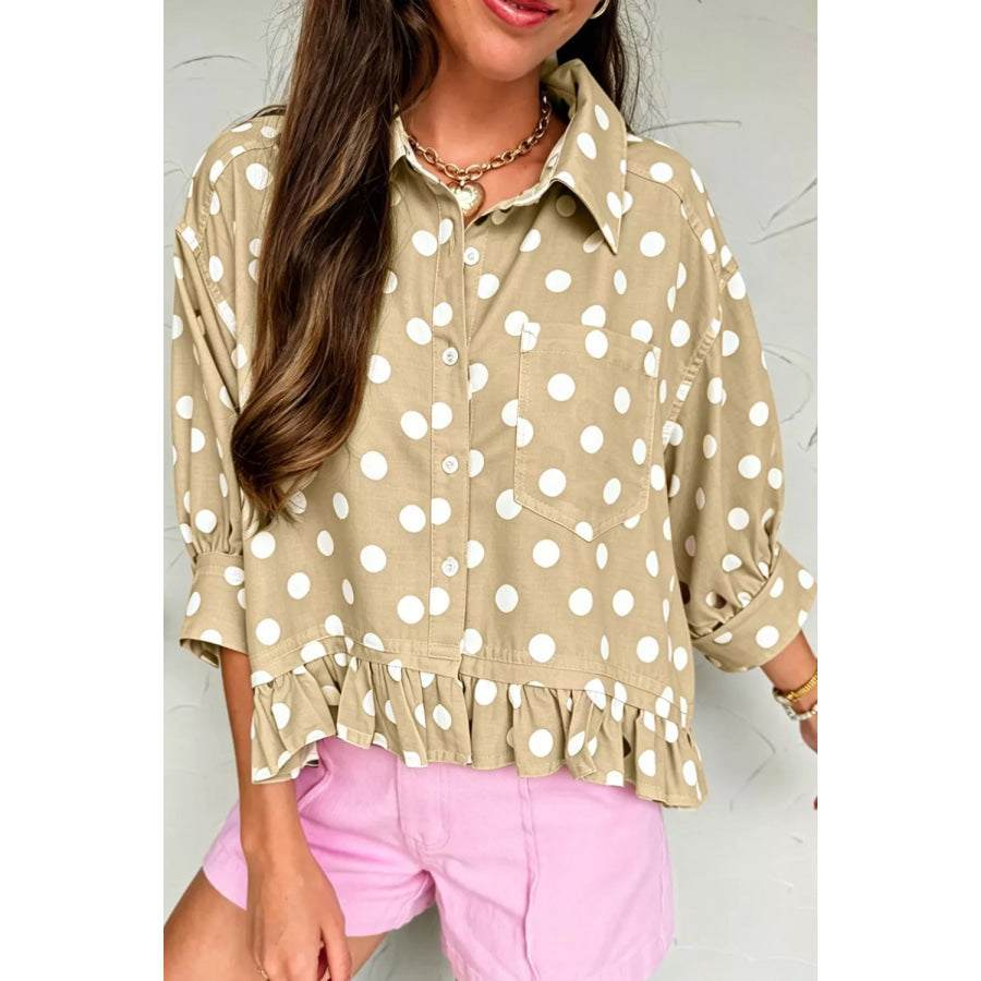 Polka Dot Print Three‑Quarter‑Sleeve Ruffle Hem Casual Shirt Apparel and Accessories