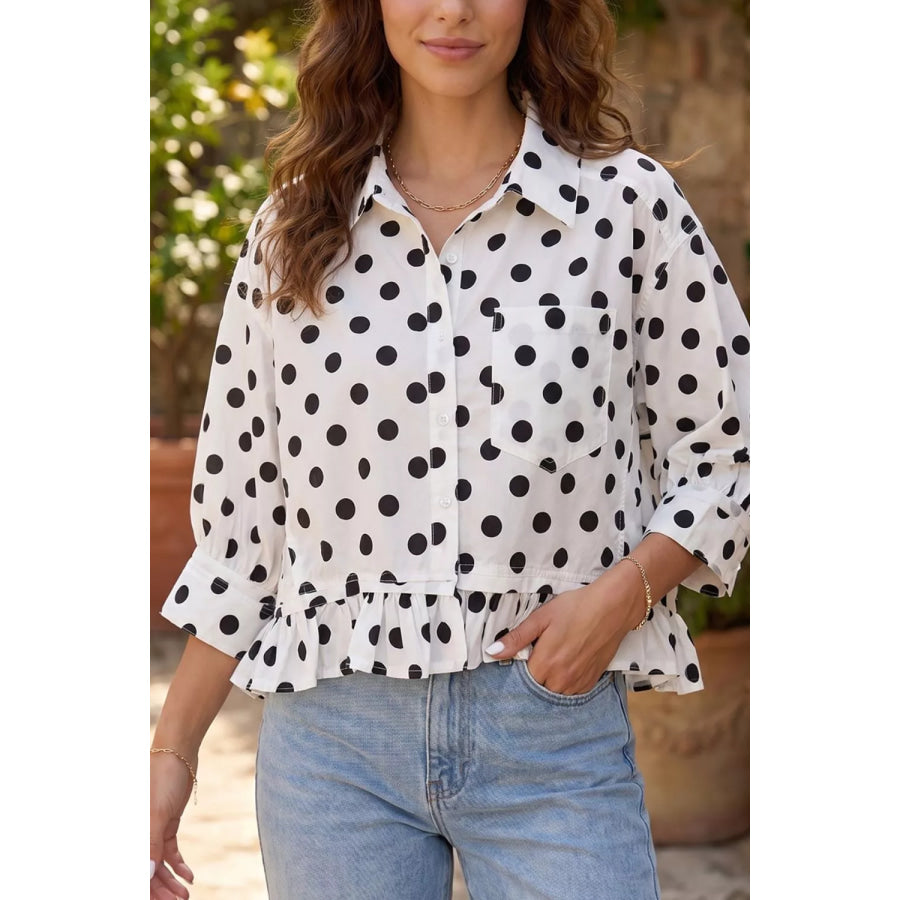 Polka Dot Print Three‑Quarter‑Sleeve Ruffle Hem Casual Shirt Apparel and Accessories