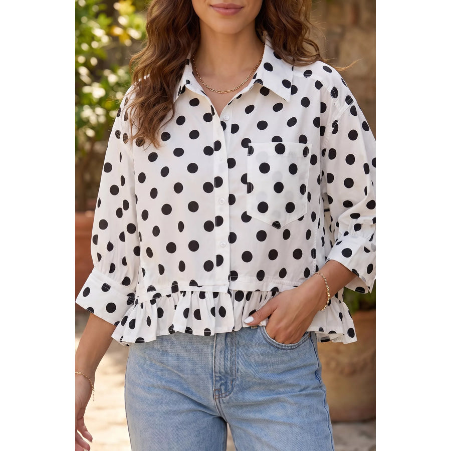 Polka Dot Print Three‑Quarter‑Sleeve Ruffle Hem Casual Shirt Apparel and Accessories