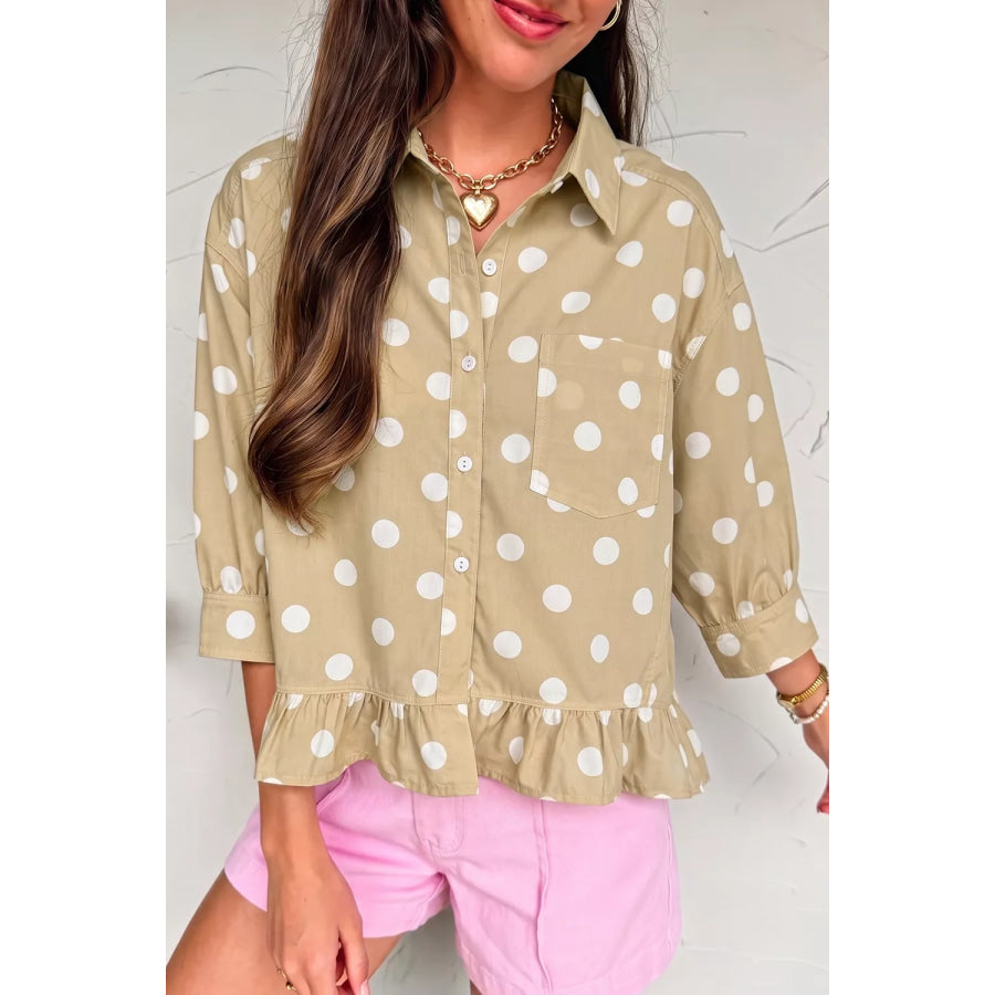 Polka Dot Print Three‑Quarter‑Sleeve Ruffle Hem Casual Shirt Apparel and Accessories
