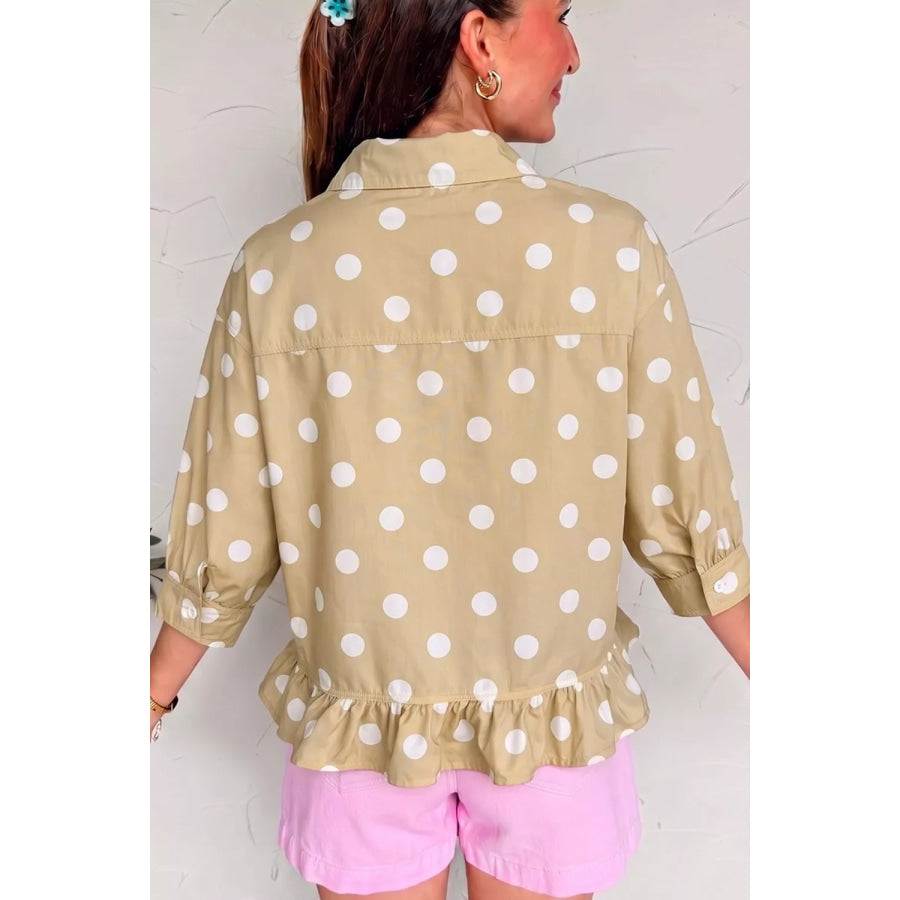 Polka Dot Print Three‑Quarter‑Sleeve Ruffle Hem Casual Shirt Apparel and Accessories