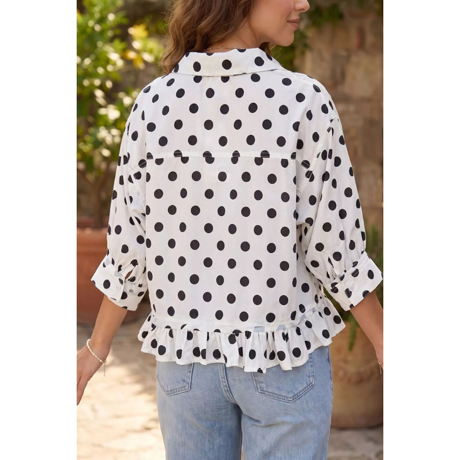 Polka Dot Print Three‑Quarter‑Sleeve Ruffle Hem Casual Shirt Apparel and Accessories