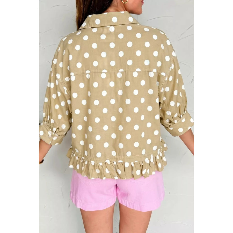 Polka Dot Print Three‑Quarter‑Sleeve Ruffle Hem Casual Shirt Apparel and Accessories