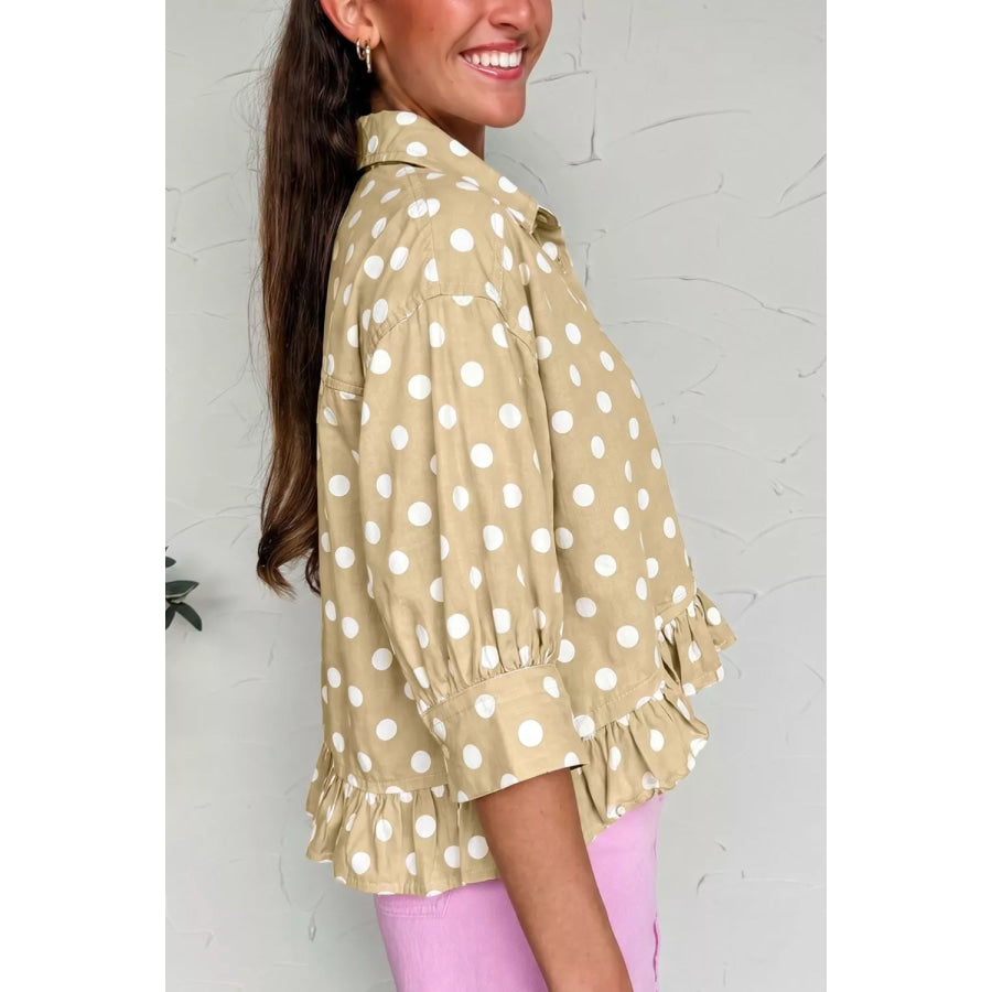 Polka Dot Print Three‑Quarter‑Sleeve Ruffle Hem Casual Shirt Apparel and Accessories