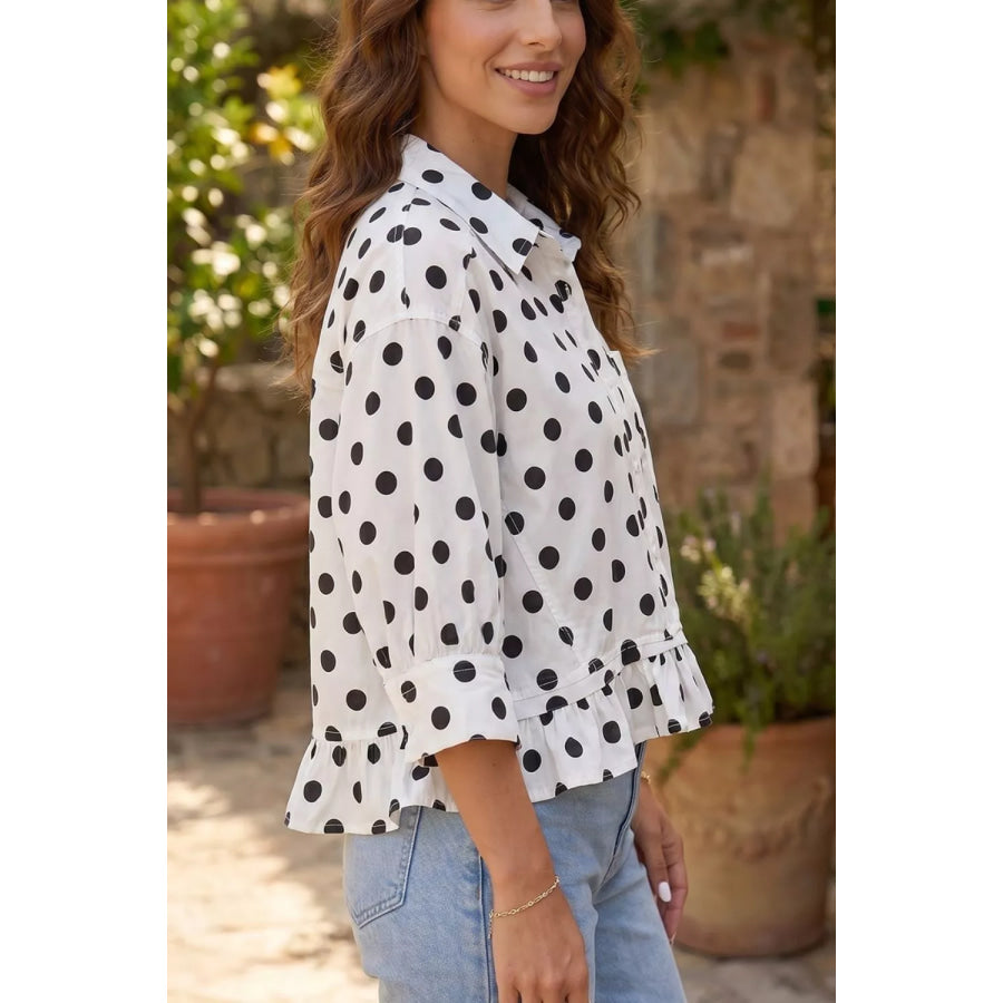 Polka Dot Print Three‑Quarter‑Sleeve Ruffle Hem Casual Shirt Apparel and Accessories