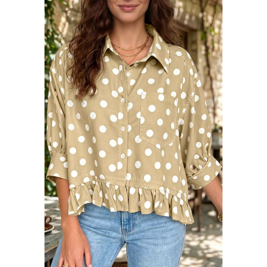 Polka Dot Print Three‑Quarter‑Sleeve Ruffle Hem Casual Shirt Khaki / S Apparel and Accessories