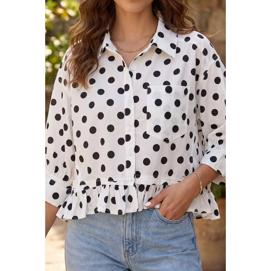 Polka Dot Print Three‑Quarter‑Sleeve Ruffle Hem Casual Shirt White / S Apparel and Accessories