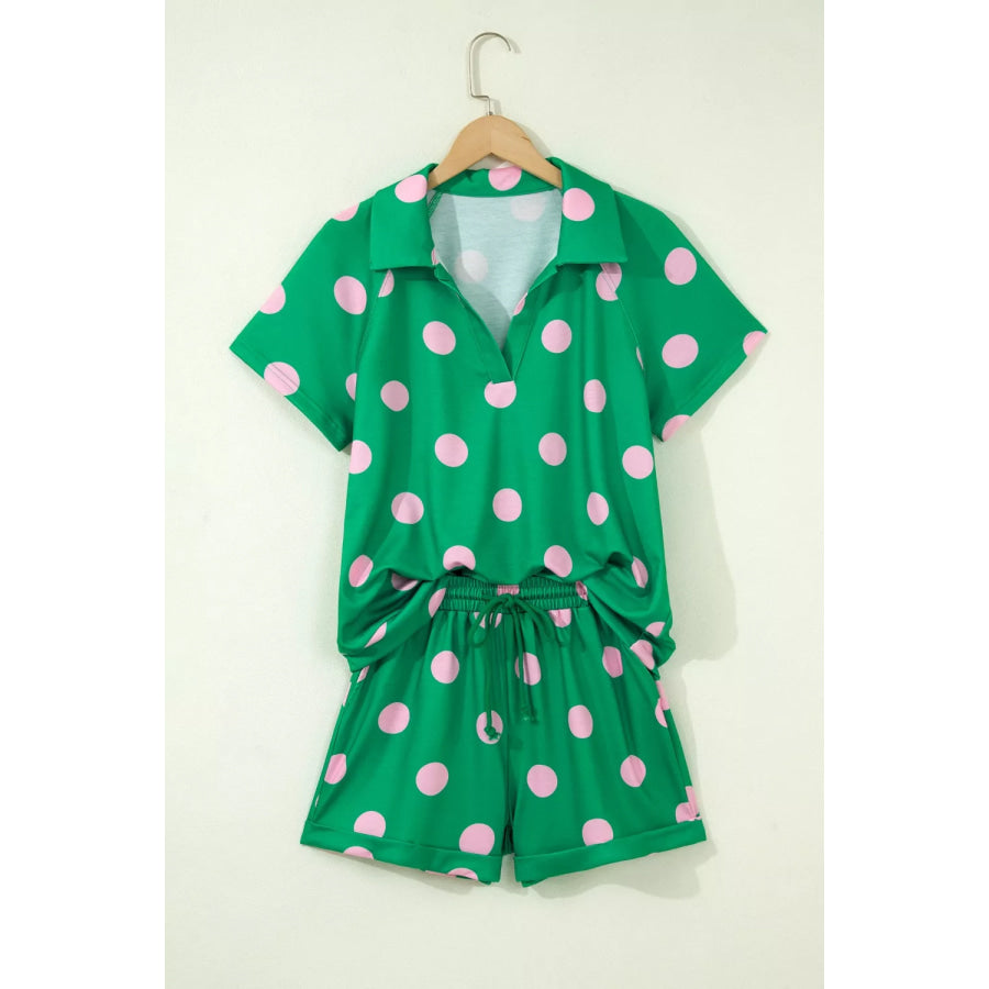 Polka Dot Print V Neck Tee Short Set Apparel and Accessories