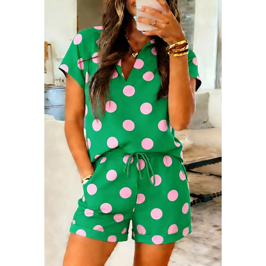 Polka Dot Print V Neck Tee Short Set Green / S Apparel and Accessories