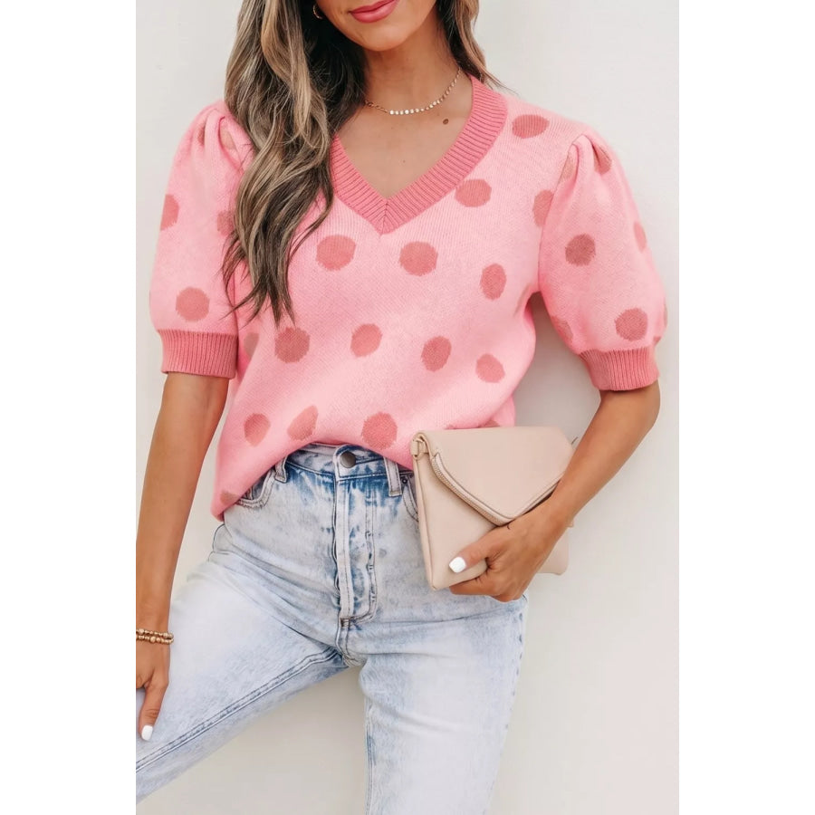 Polka Dot Puff Short Sleeve Sweater Top Apparel and Accessories