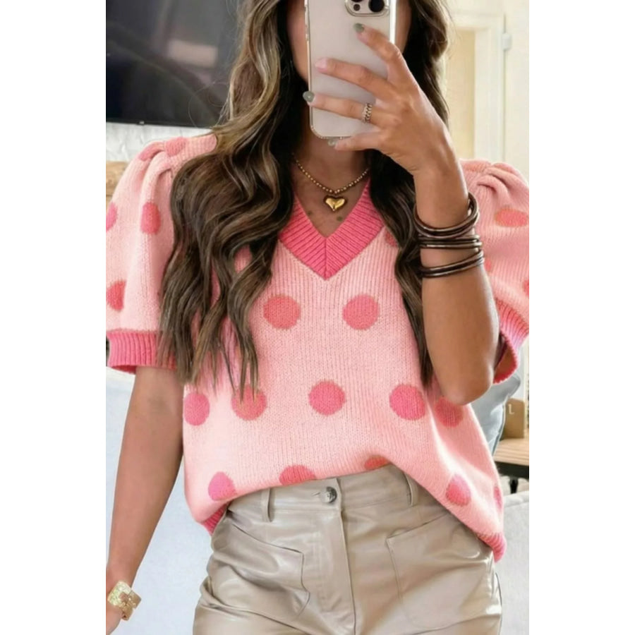 Polka Dot Puff Short Sleeve Sweater Top Apparel and Accessories