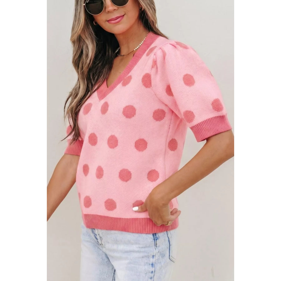 Polka Dot Puff Short Sleeve Sweater Top Apparel and Accessories