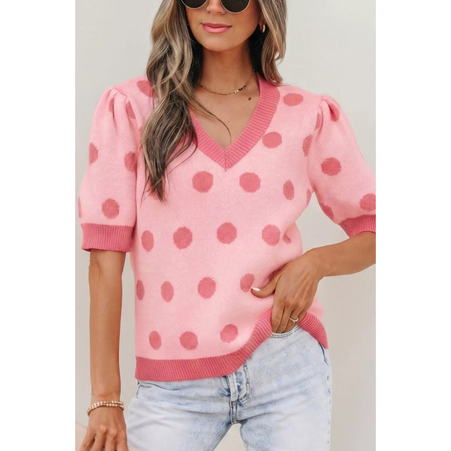 Polka Dot Puff Short Sleeve Sweater Top Apparel and Accessories