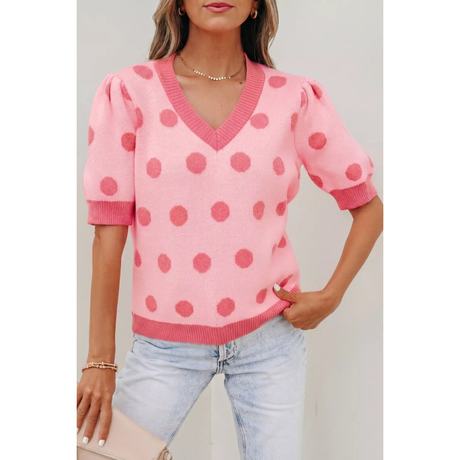 Polka Dot Puff Short Sleeve Sweater Top Apparel and Accessories