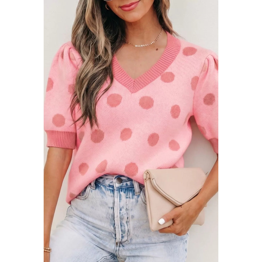 Polka Dot Puff Short Sleeve Sweater Top Dusty Pink / S Apparel and Accessories