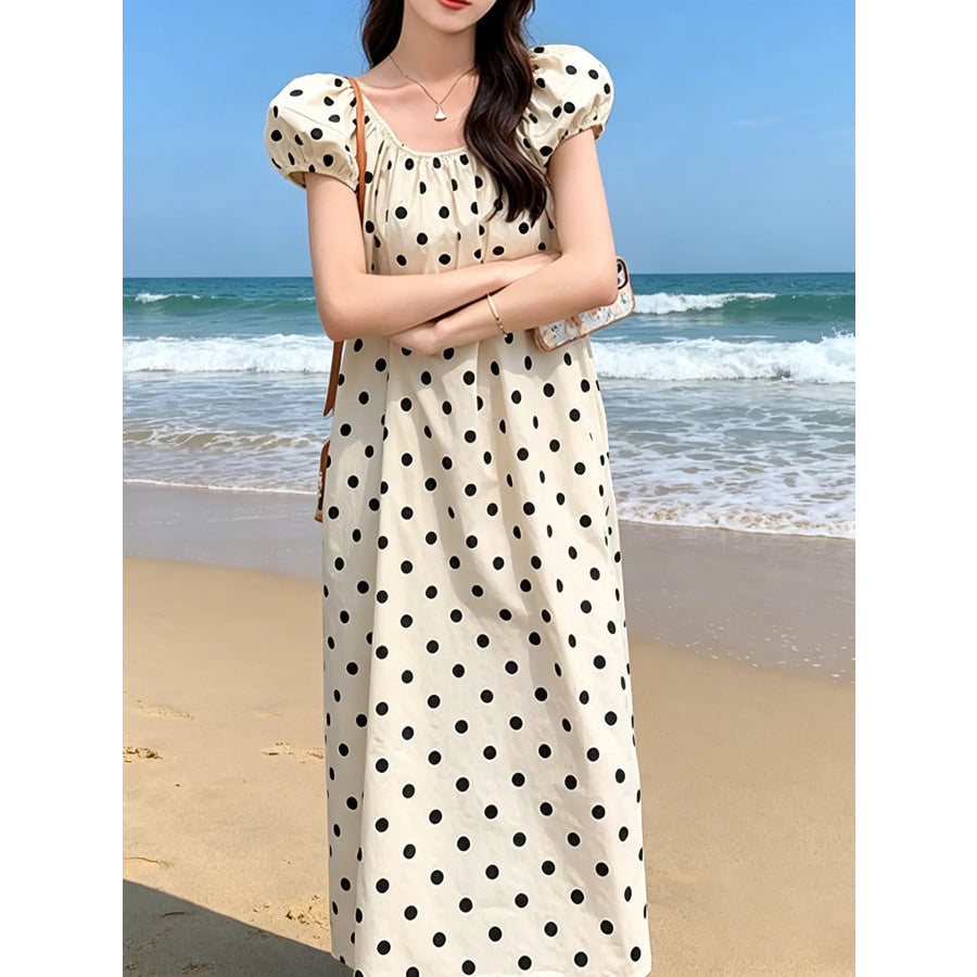 Polka Dot Puff Sleeve Midi Dress Apparel and Accessories