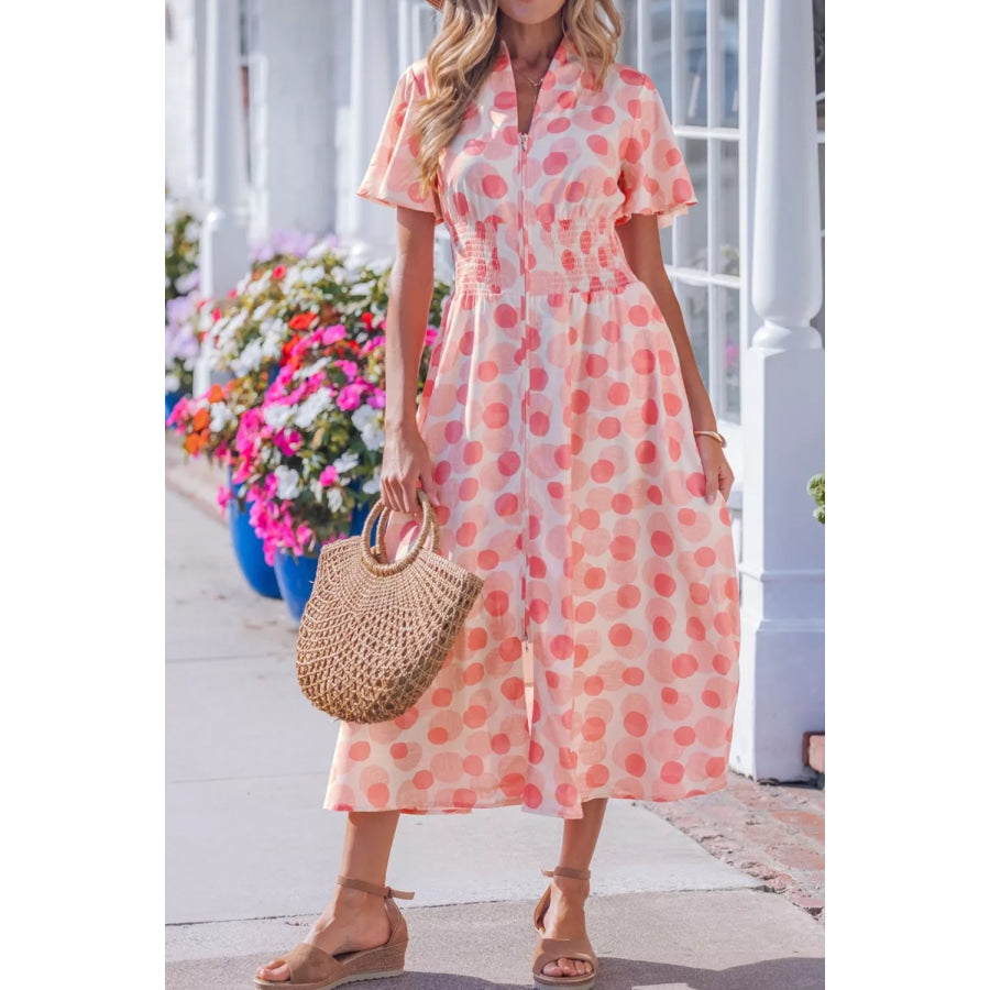 Polka Dot Puff Sleeve Midi Dress Apparel and Accessories