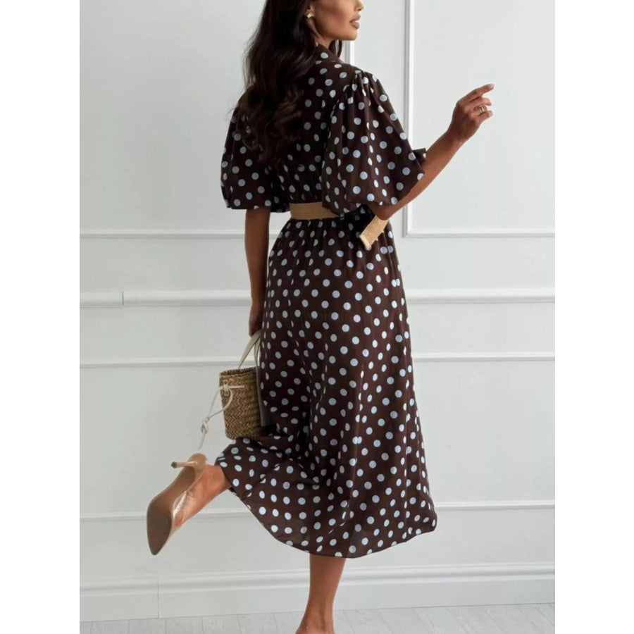 Polka Dot Puff Sleeve Midi Dress Apparel and Accessories