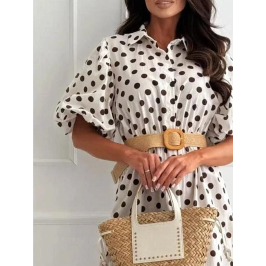 Polka Dot Puff Sleeve Midi Dress Apparel and Accessories