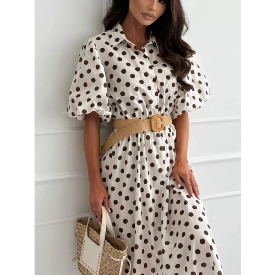 Polka Dot Puff Sleeve Midi Dress Apparel and Accessories