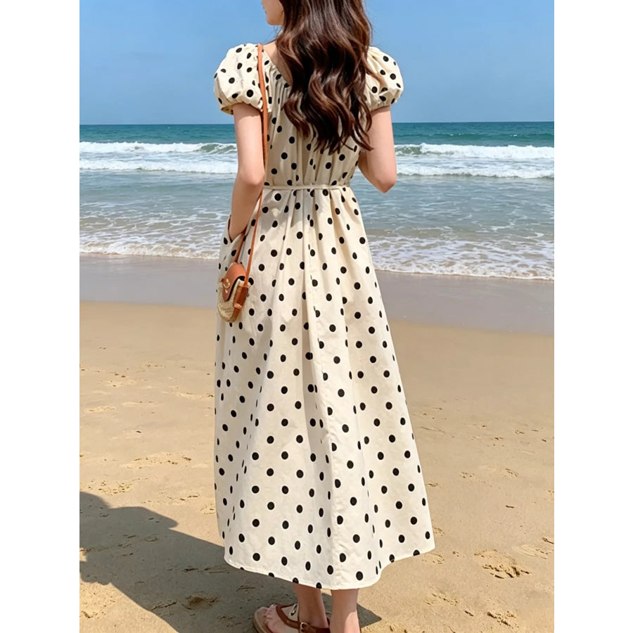 Polka Dot Puff Sleeve Midi Dress Apparel and Accessories