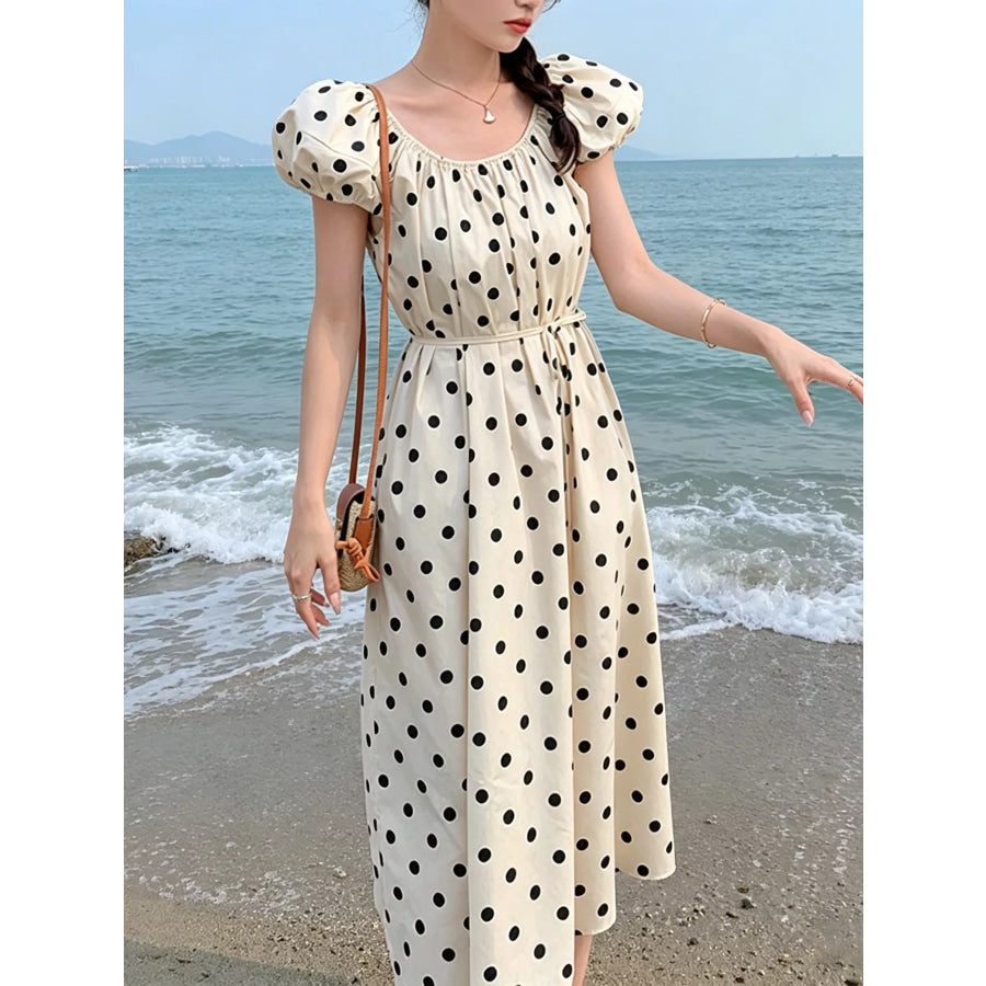 Polka Dot Puff Sleeve Midi Dress Apricot / M Apparel and Accessories