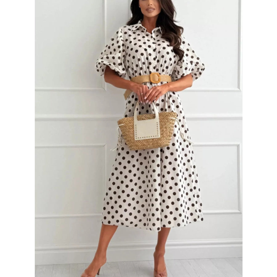 Polka Dot Puff Sleeve Midi Dress Beige / S Apparel and Accessories