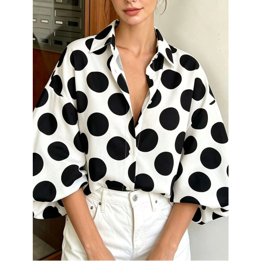 Polka Dot Puff Sleeve Shirt White / S Apparel and Accessories
