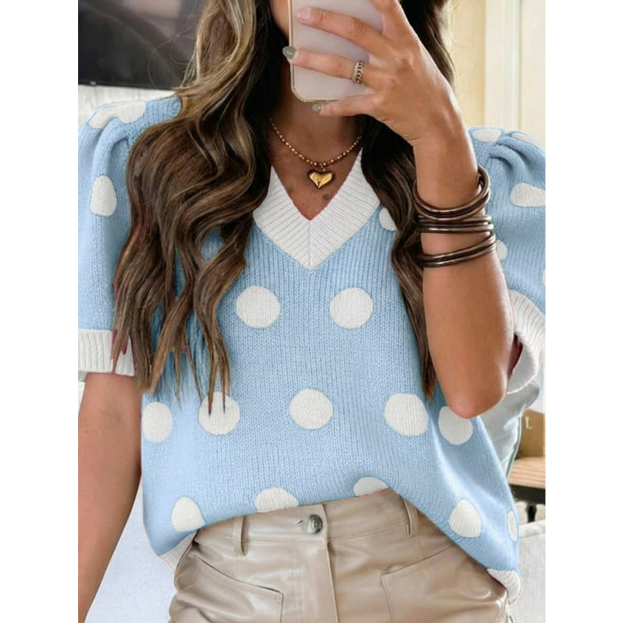 Polka Dot Puff Sleeve Sweater Apparel and Accessories