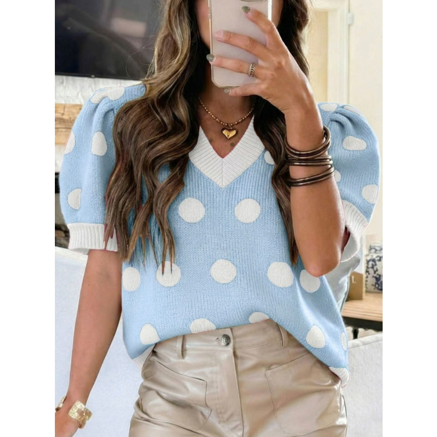 Polka Dot Puff Sleeve Sweater Light Blue / S Apparel and Accessories