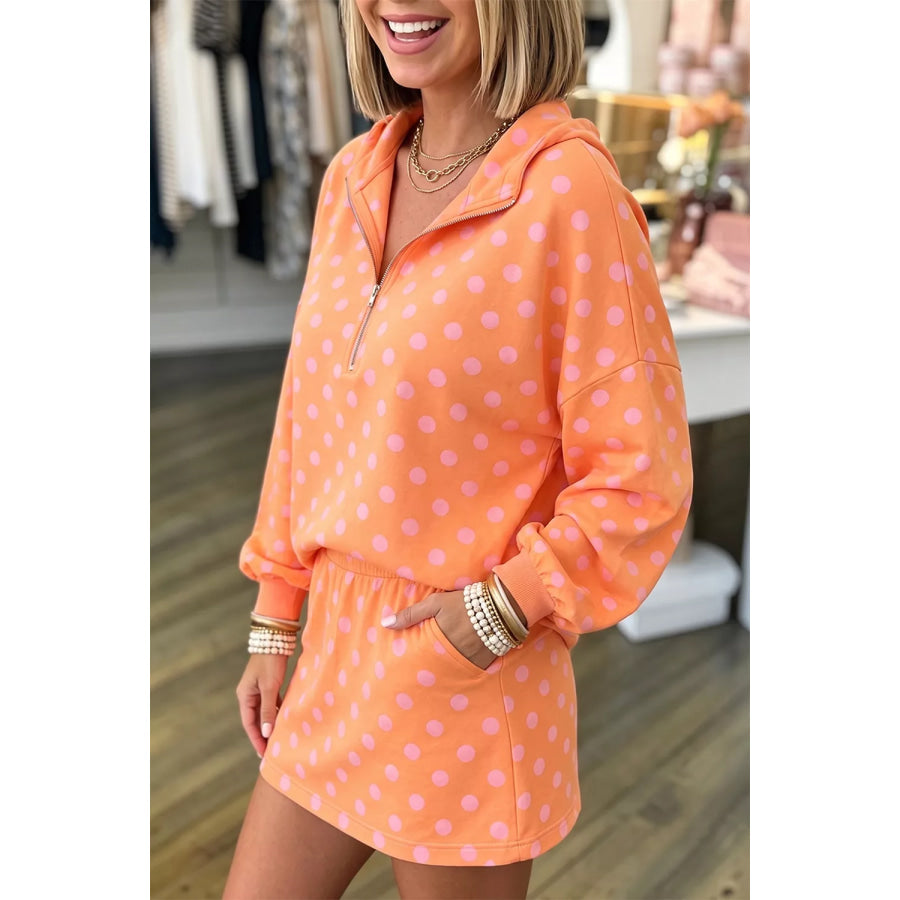 Polka Dot Quarter-Zip Hoodie and Skirt Set Tangerine / S Apparel and Accessories