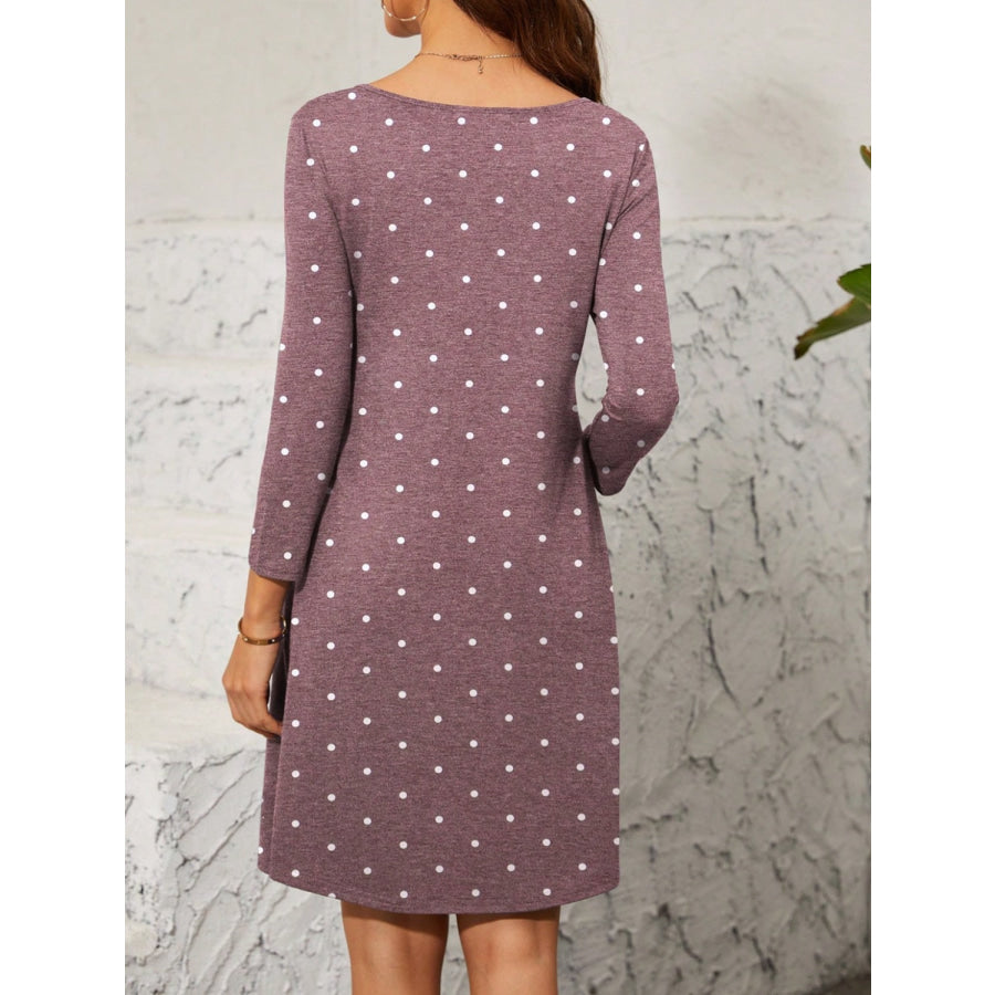 Polka Dot Quarter Zip Long Sleeve Dress Mauve / S Apparel and Accessories