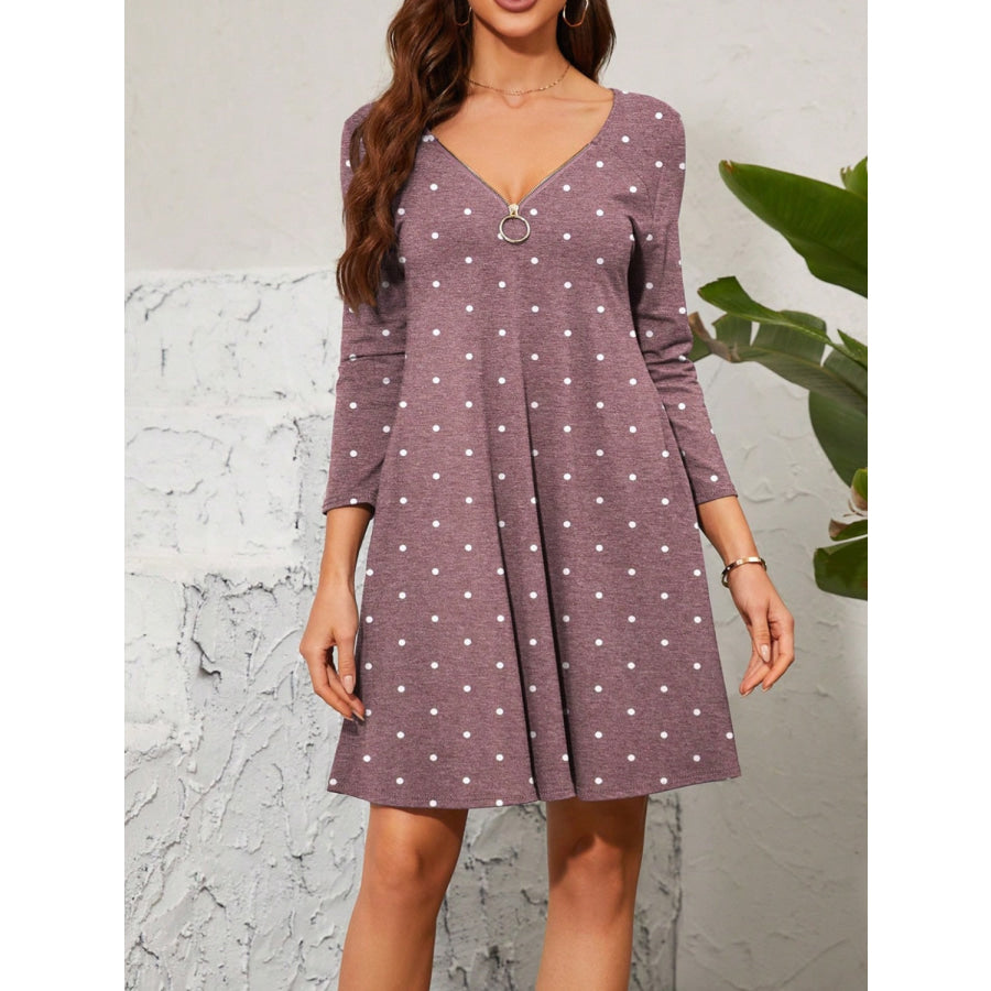 Polka Dot Quarter Zip Long Sleeve Dress Mauve / S Apparel and Accessories